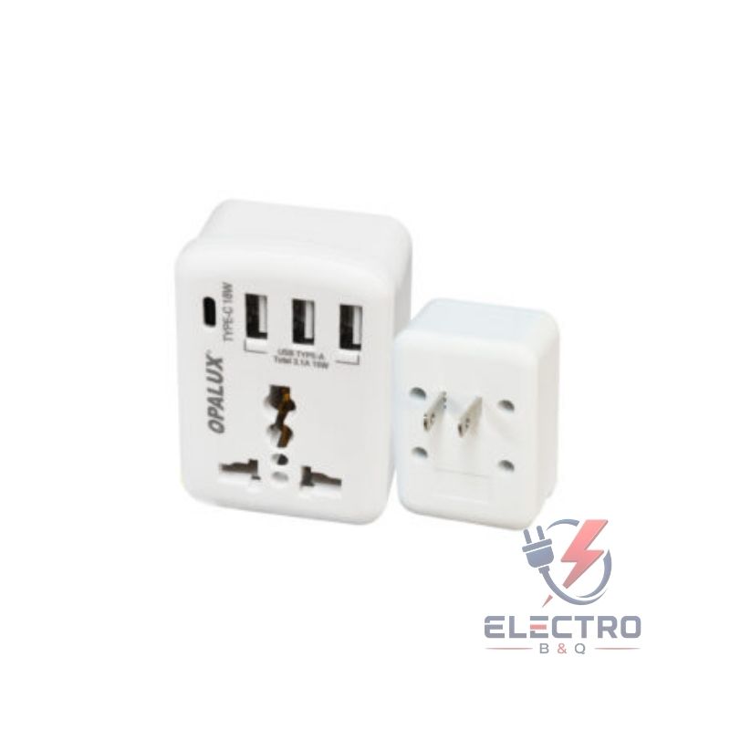 ADAPTADOR TOMA UNIVERSAL MULTIPLE, 3 ENTRADAS USB TIPO A MAS 1 ENTRADA TIPO C A ESPIGA PLANA, , OP-225A OPALUX