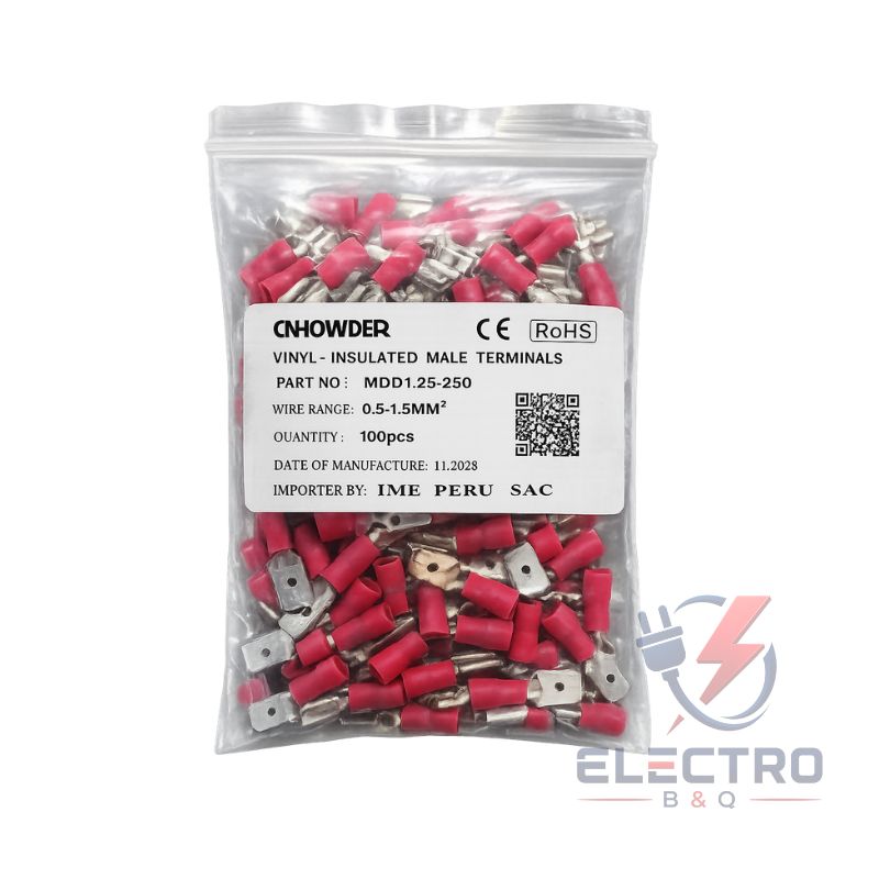 TERMINAL TIPO ENCHUFE MACHO ROJO, MDD1.25-250 PARA CALIBRES 22-18AWG